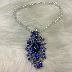 Blue Stones & Gold Pendant on a Stretchy Faux Pearl Hand Designed Necklace